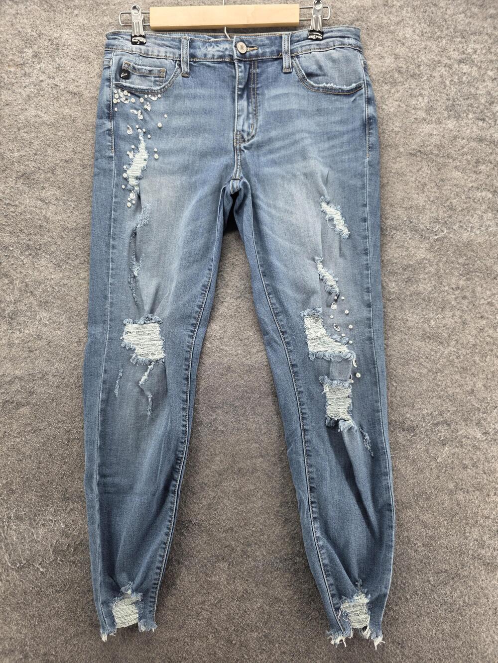 KanCan Jeans Womens 7 Blue Light Wash Skinny Distressed Rhinestone 30 Inseam